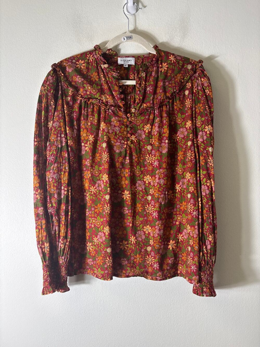 Olivia James Dark Red Floral Long Sleeve Cotton Top Sz M